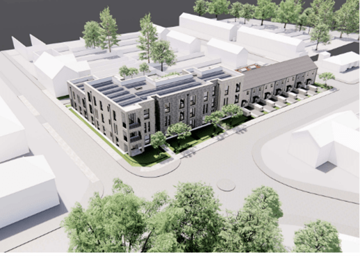 Illustration of what the development could look like. Two and three story blocks of flats and a row of terraced houses with driveways in front.