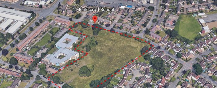 Aerial view of former Monkscroft School site and surrounding streets